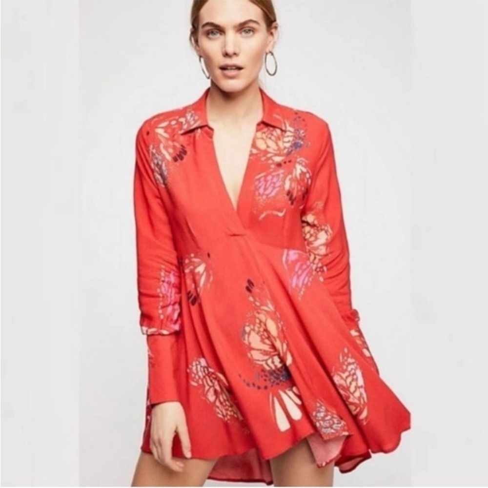 Free People Red Field Of Butterflies Long Sleeve Collared Tunic Small